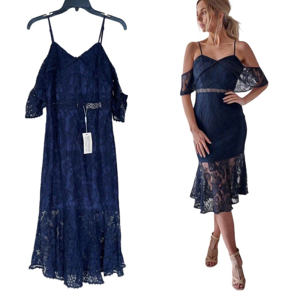 Twosisters The Label Babylon Navy Lace Off the Shoulder Mermaid Dress